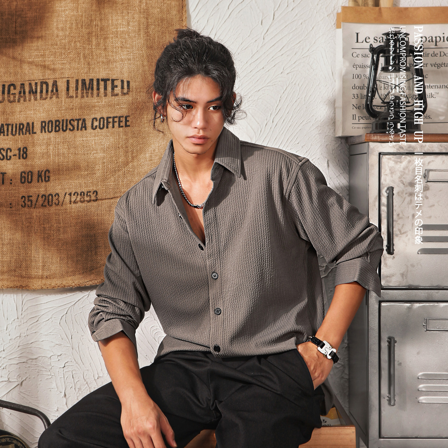 日系复古暗纹长袖衬衫男潮牌秋季