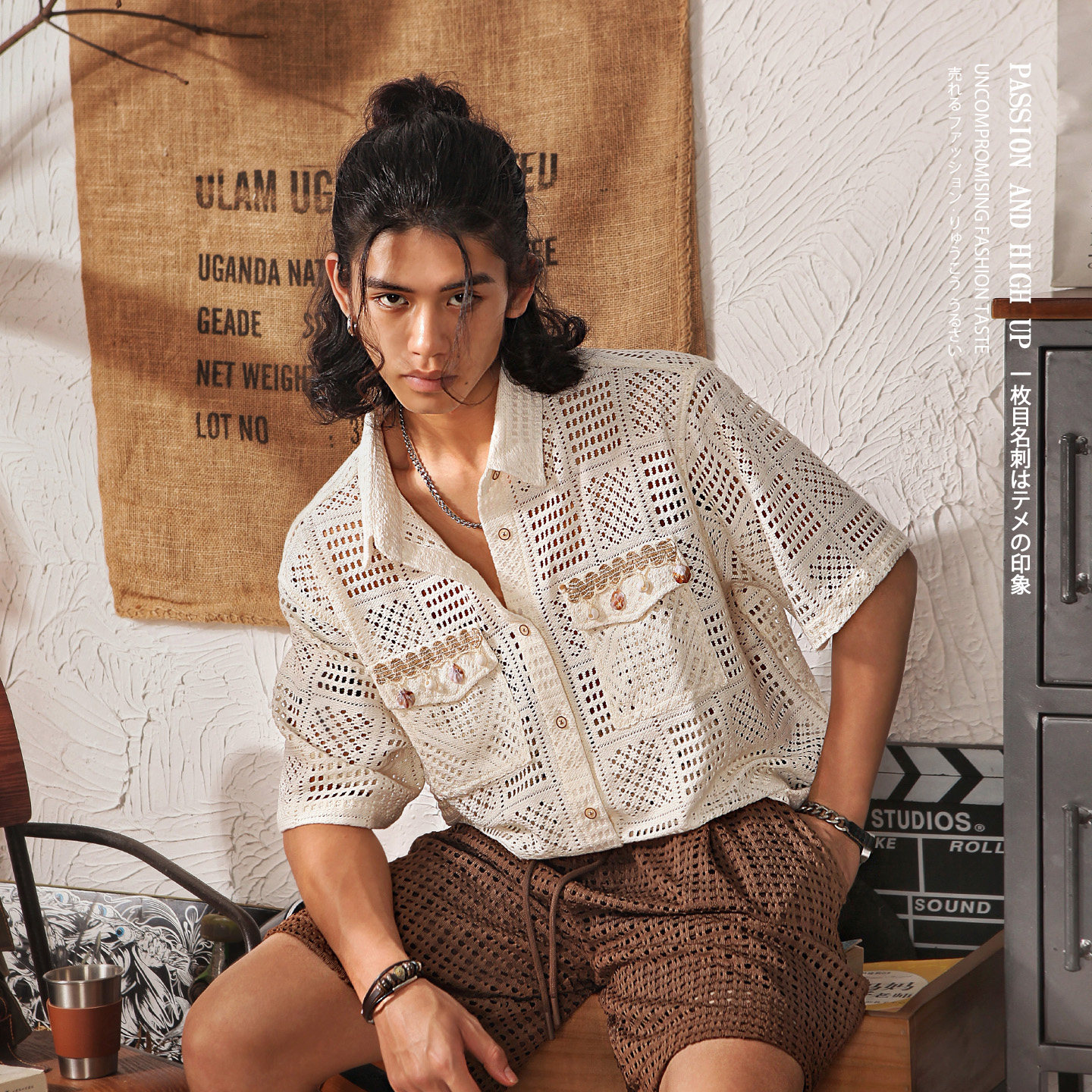 短袖衬衫男日系复古民族风镂空提花半截袖衬衣夏季高级感情侣外套