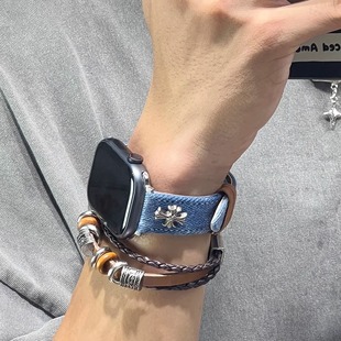 适用小米9pro复古做旧牛仔扎染十字架苹果s10表带8红米5手表fit32