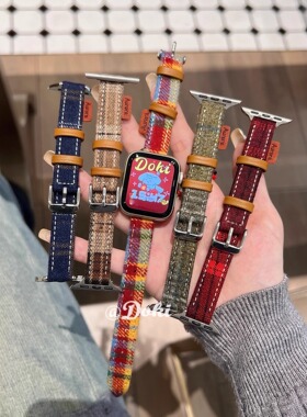 秋冬复古多巴胺毛呢细款皮质表带适用苹果手表iwatch10s987se新款