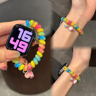 适用苹果手表iwatch10表带弹力可爱彩色皮筋电话绳小米98profit43