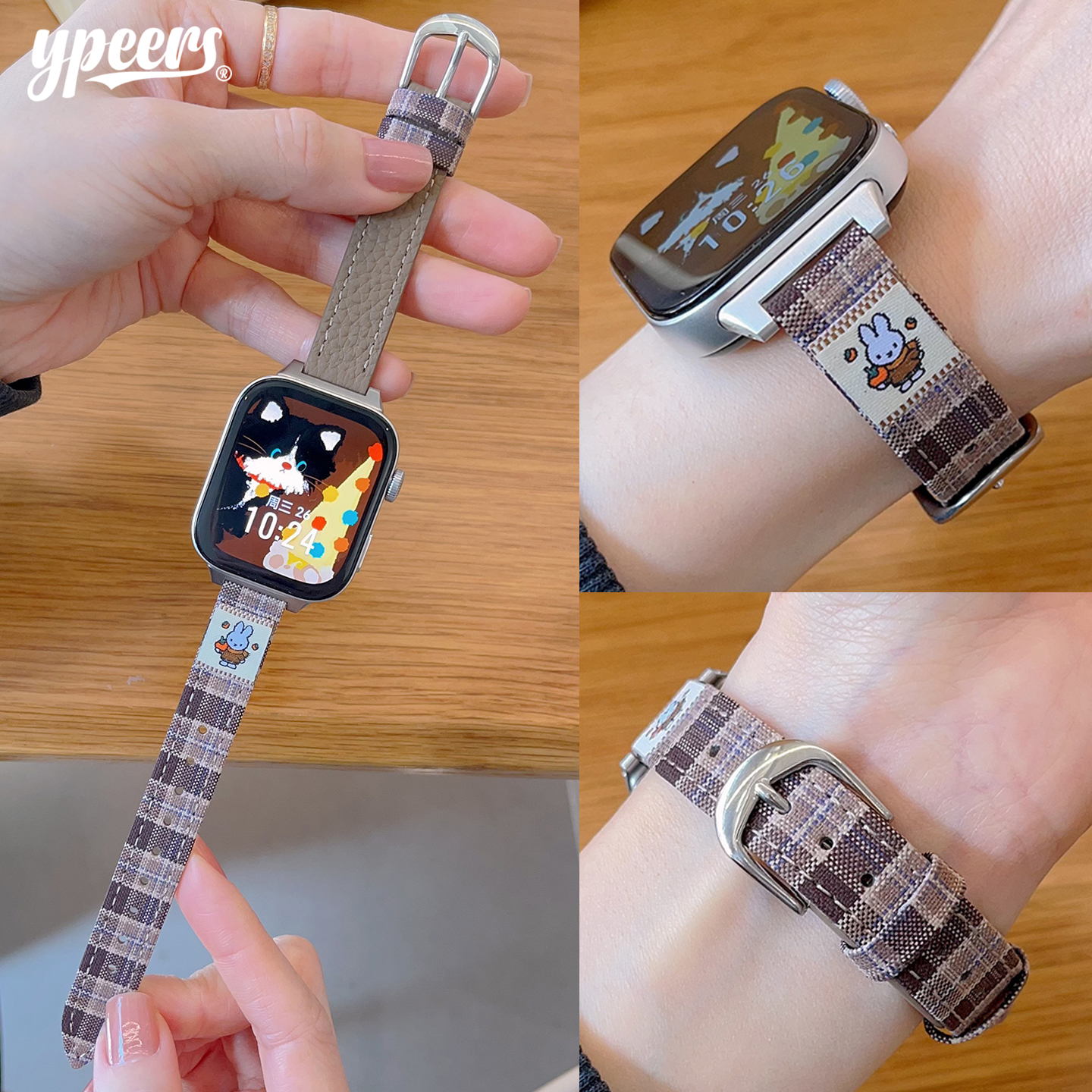 适用华为fit34pro手表米菲兔格子皮表带小米89pro可爱细红米6腕带