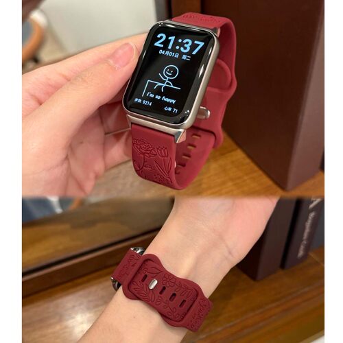 玫瑰花纹硅胶表带适用苹果10小米手环9pro8pro红米watch5华为fit4
