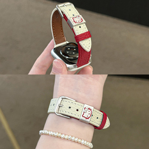 适用苹果手表拼色KT猫荔枝纹细款真皮表带质感金属扣iWatch11秋冬