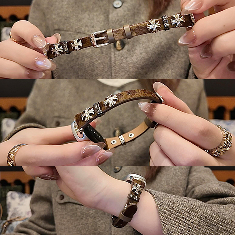 小米手环10铆钉毛绒豹纹皮表带适用98pro复古华为fit43腕带红米65