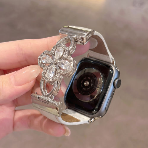 适用iwatch11锆石花磁吸小米9pro皮手表带苹果荔枝纹华为fit5红米
