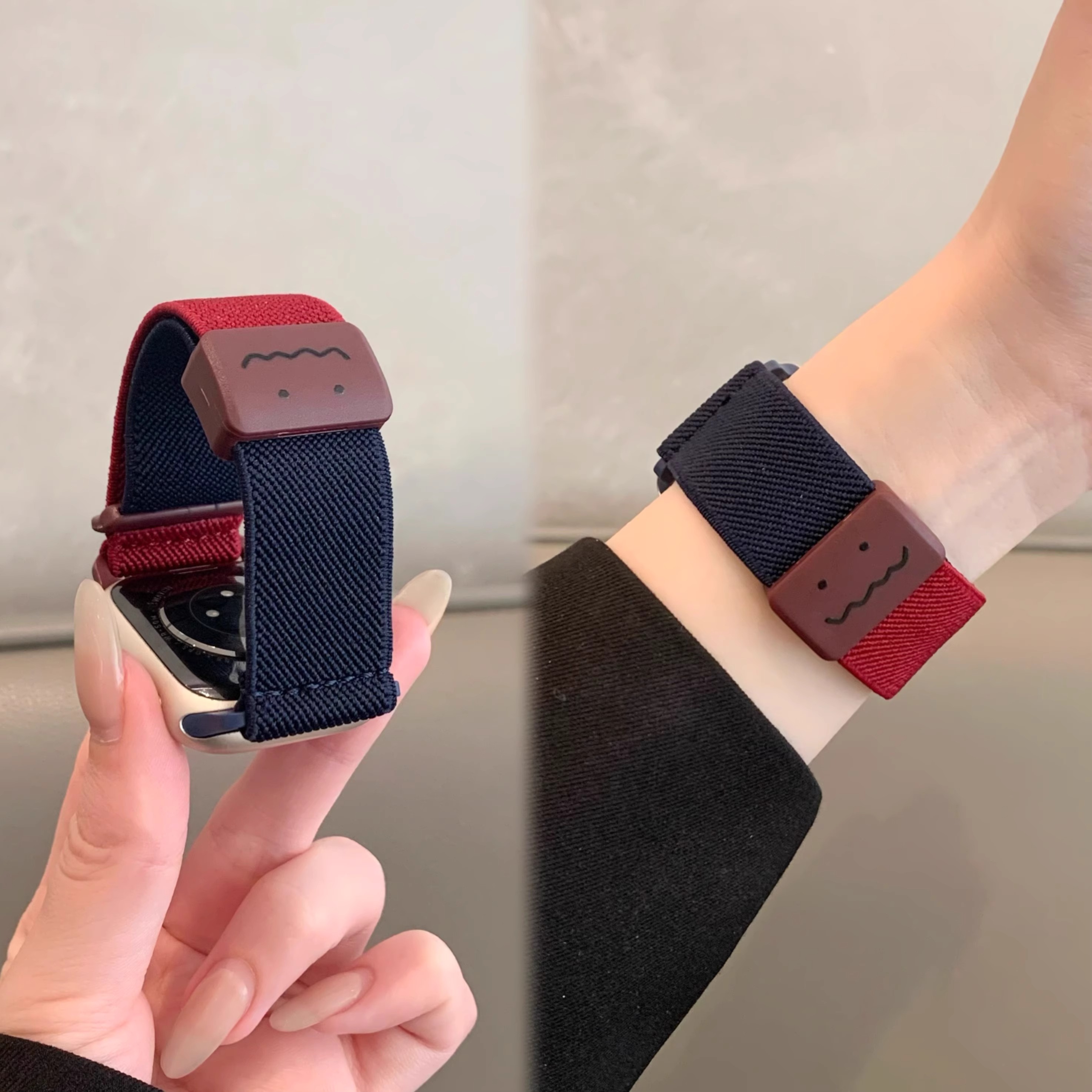 适用苹果手表iwatch10表带可爱涂鸦拼色平纹编织磁吸扣applewatch