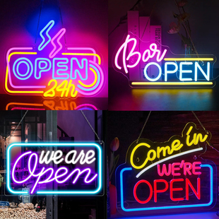 open开业霓虹灯营业中咖啡店奶茶店挂牌LED发光字招牌广告定制