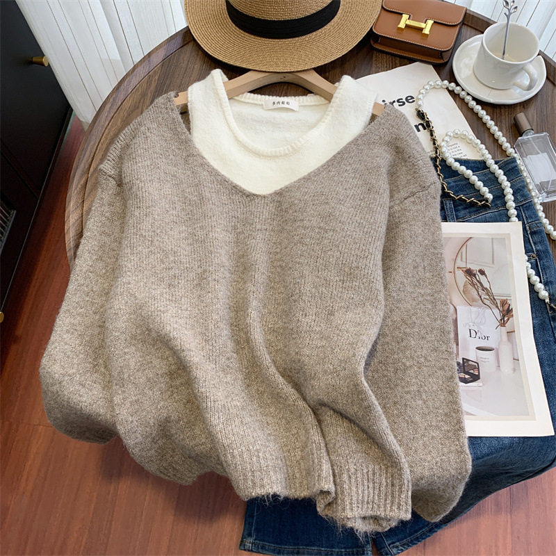 软糯慵懒风露肩毛衣两件套女秋冬宽松外穿叠穿针织上衣时髦套装女,女装/女士精品,毛针织衫,淘宝优惠券,粉丝福利购,淘宝优惠卷