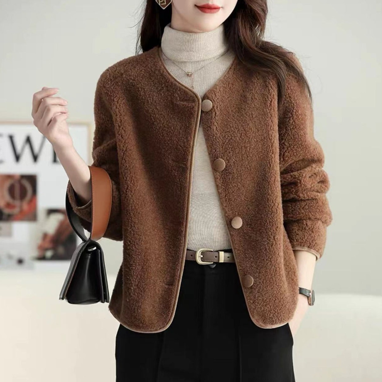 新款圆领开衫气质一体大衣