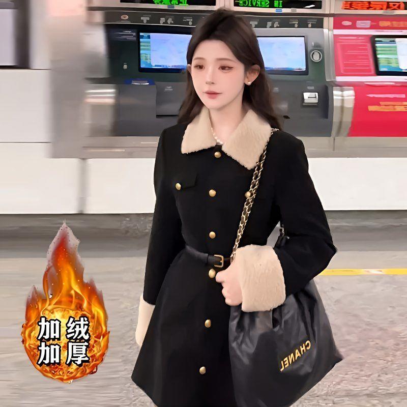 黑色送腰带加绒加厚法式