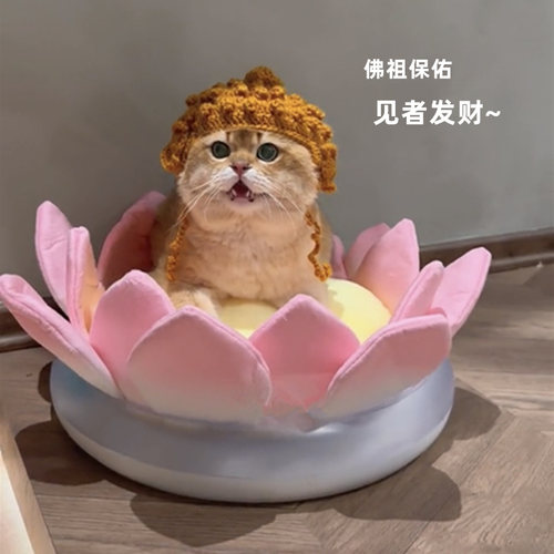 好运连连猫咪莲花宝座猫窝垫子猫抓板猫佛祖帽子秋冬保暖宠物用品