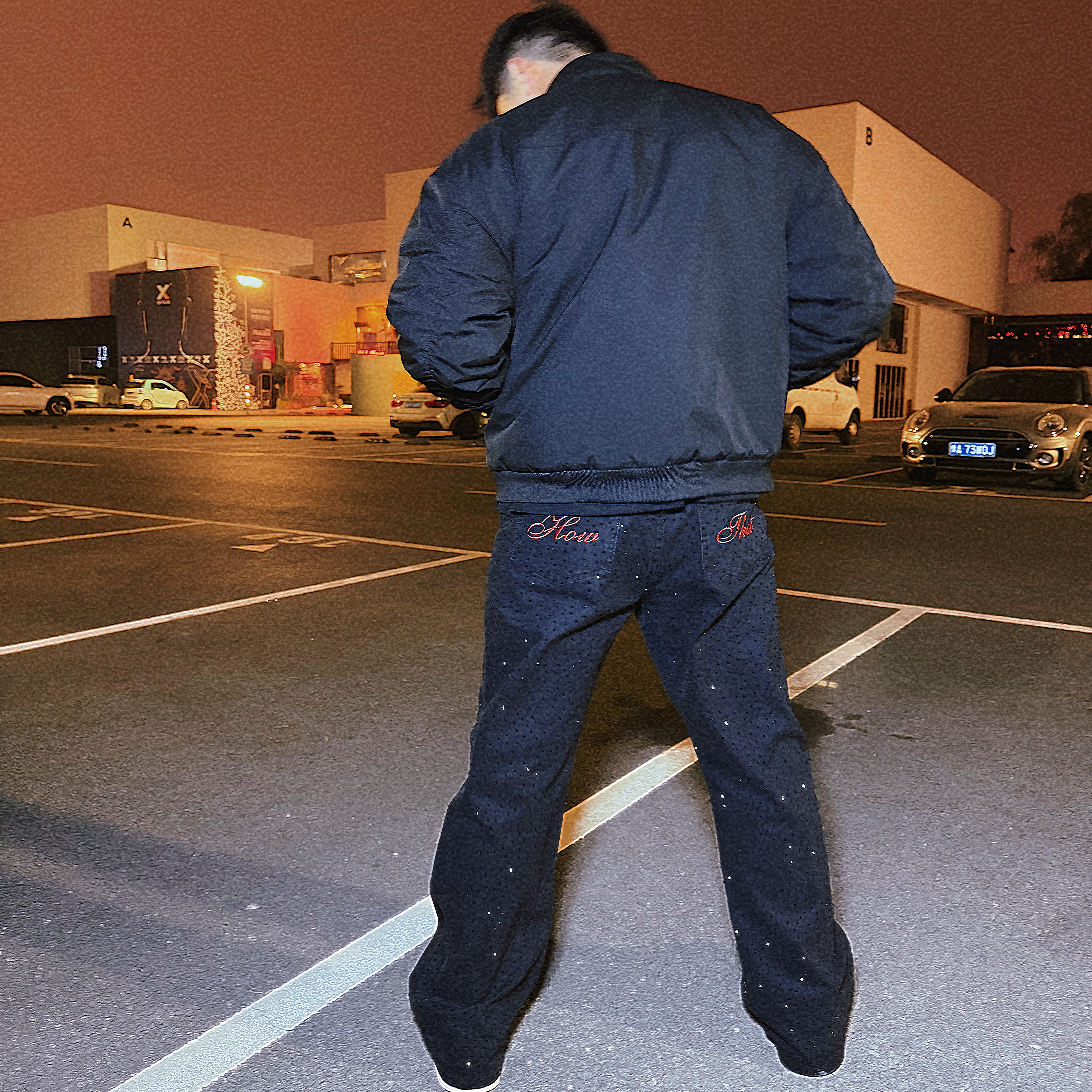 【HowThat】新款裤子男满钻牛仔裤美式潮流休闲黑色直筒