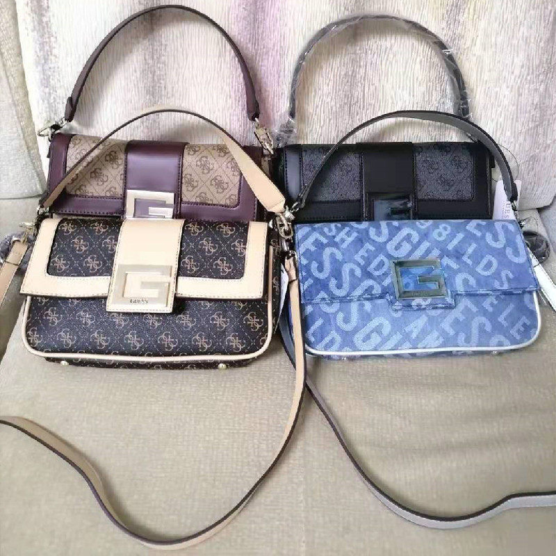 guess盖斯女包牛仔蓝提花布法棍包中古老花腋下包大容量单肩斜挎