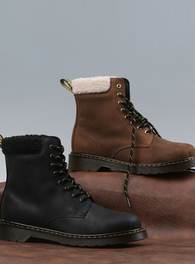 【36-38】强荐新款！百搭黑色马丁靴 拉链毛装饰皮靴女鞋 英伦靴