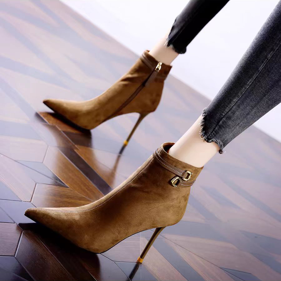 秋冬季保暖磨砂百搭黑色细跟短靴