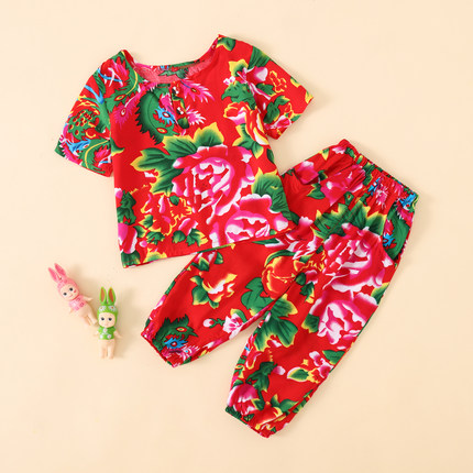 夏季短袖棉绸家居服空调服幼儿中小童人造棉花布套装睡衣薄新款