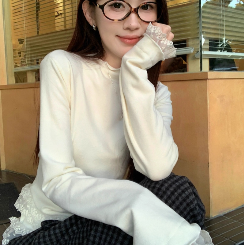 法式浪漫风半高领蕾丝拼接长袖打底衫女修身内搭上衣,女装/女士精品,大码内搭,淘宝优惠券,粉丝福利购,淘宝优惠卷