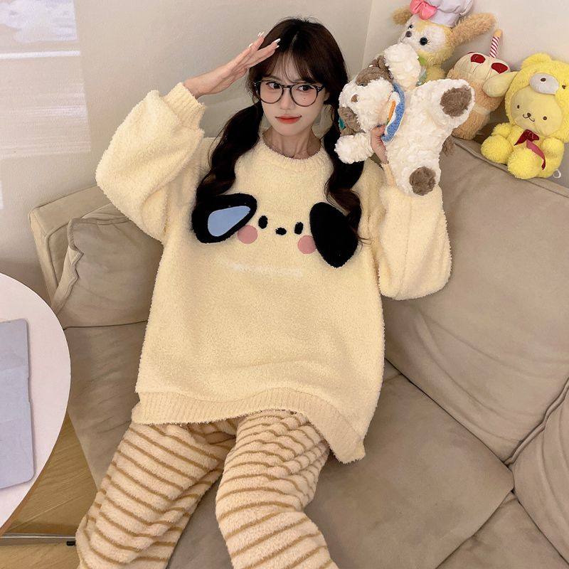 新款风半边绒睡衣女冬季家居服