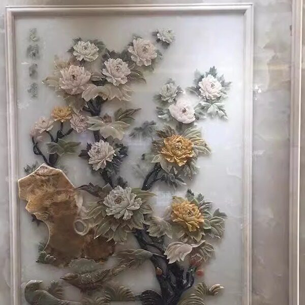 云浮彩雕玉石家装背景墙天然玉石立体雕刻大理石挂画浮雕玉石