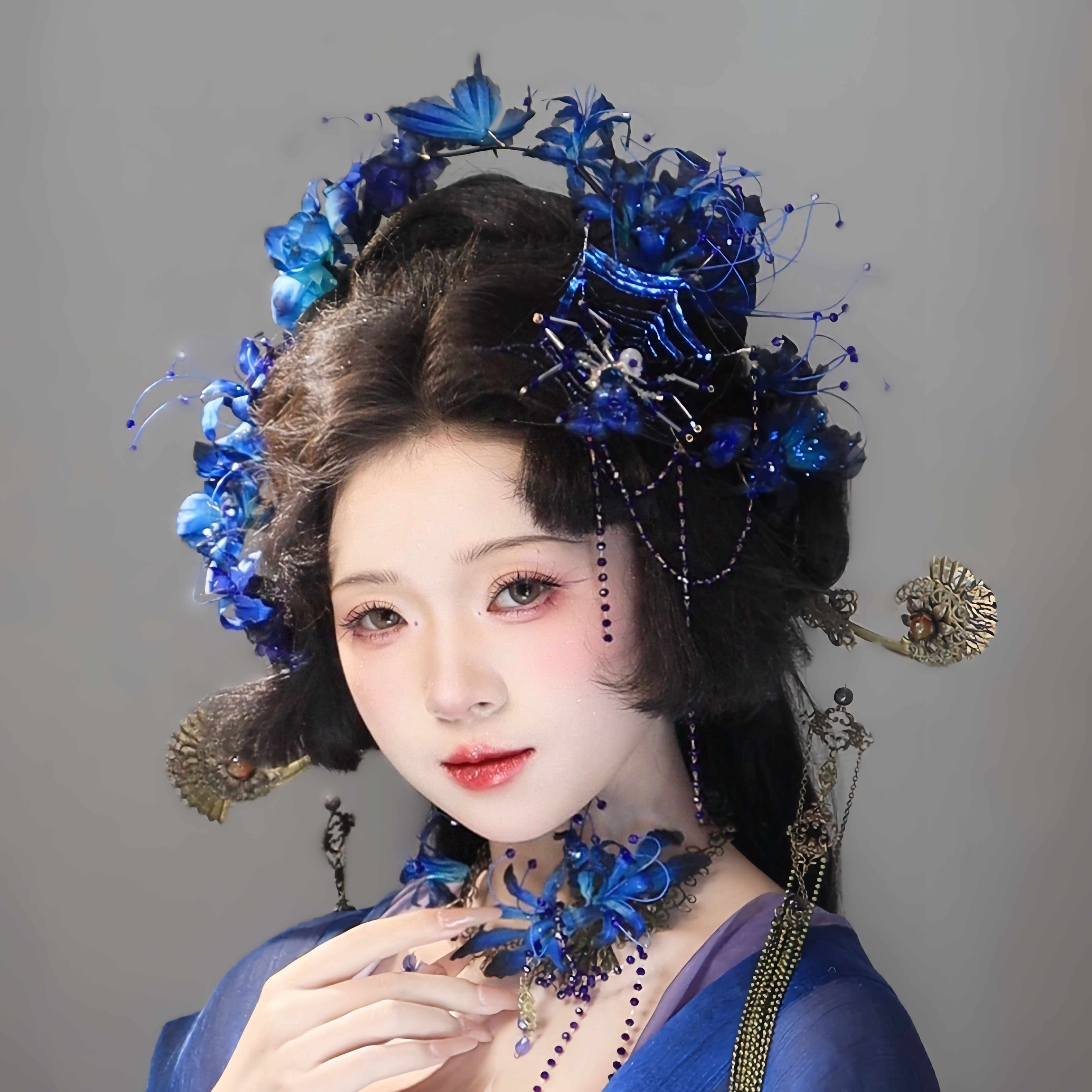 耀如春华 幽蓝 原创纯手工古风真丝烫花发夹万圣节头饰汉服配饰