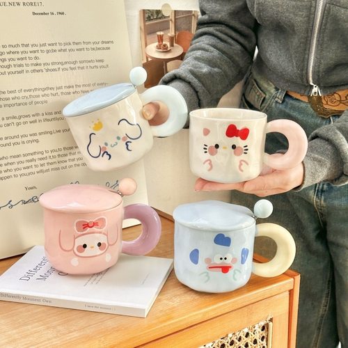 可爱卡通陶瓷马克杯带盖粉色早餐办公送礼杯子套装生日礼物礼盒装