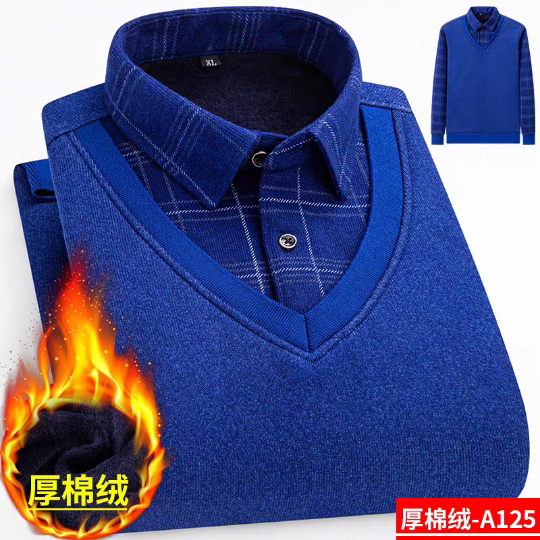 冬季男士保暖内衣加绒加厚中老年假两件胖子加大码衬衫格子爸爸装