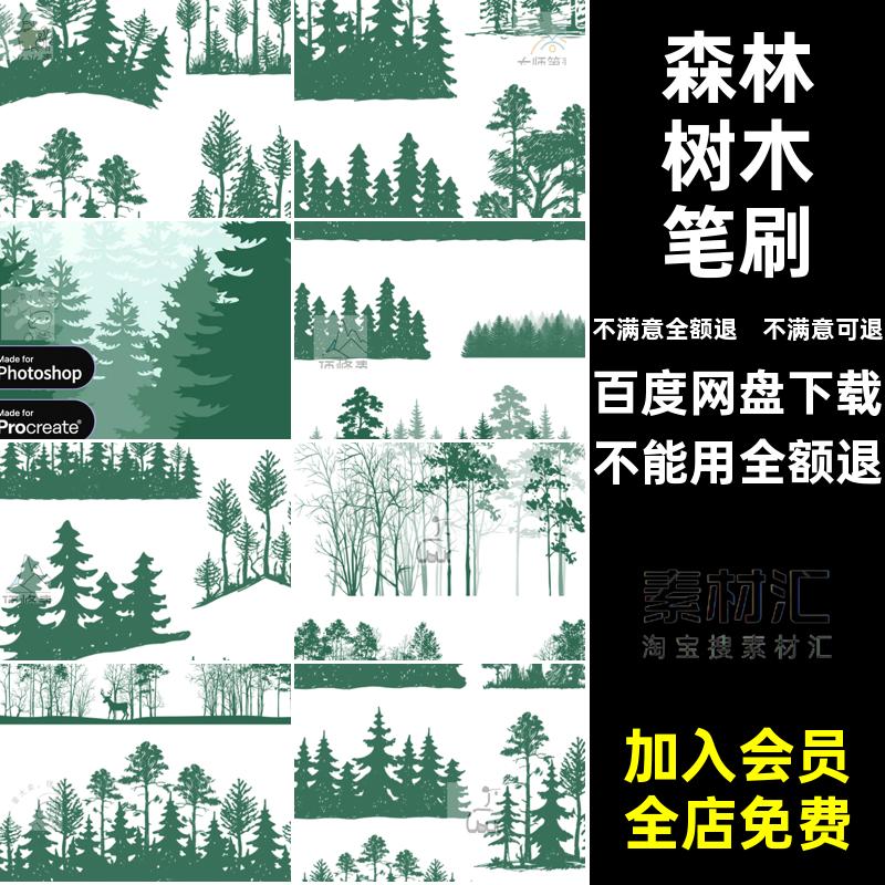 森林树木笔刷插画森林剪影笔刷景观杉树山脉procreate松树植物