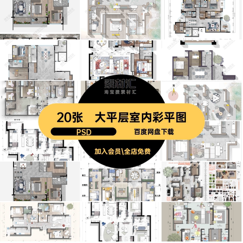 20张户型室内彩平图布局彩色方案大平家装平面图PSD平面布置