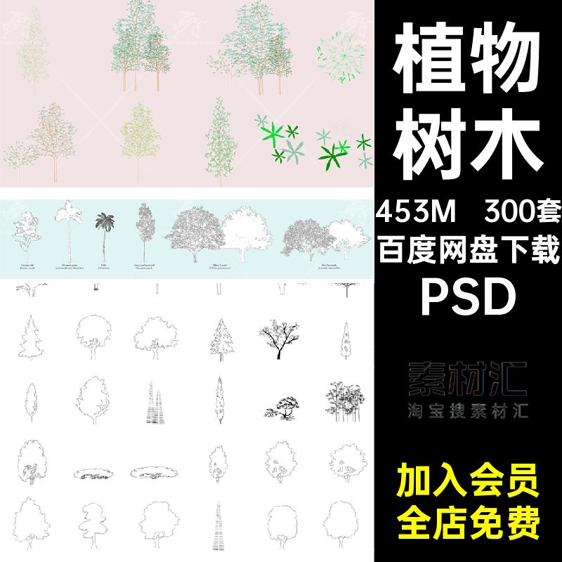 300套景观盆栽分层树木PSD分层植物平面线稿风植物PSD素材立面图