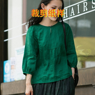 裁剪纸样文艺复古风圆领亚麻舒适套头衫 高支亚麻前片分割圆领小衫