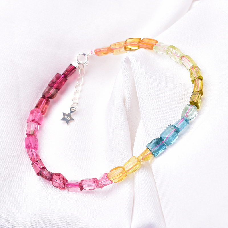 净体 一物一图 天然碧玺手链 925银蓝西瓜随形单圈手串女水晶转运