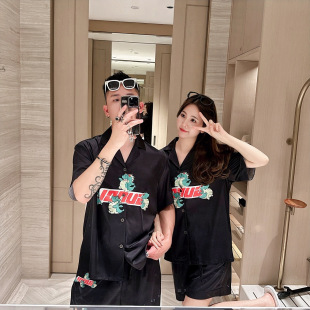 夏季 短裤 男女情侣衬衫 短袖 领睡衣套装 巴洛克潮牌冰丝绸家居服套装