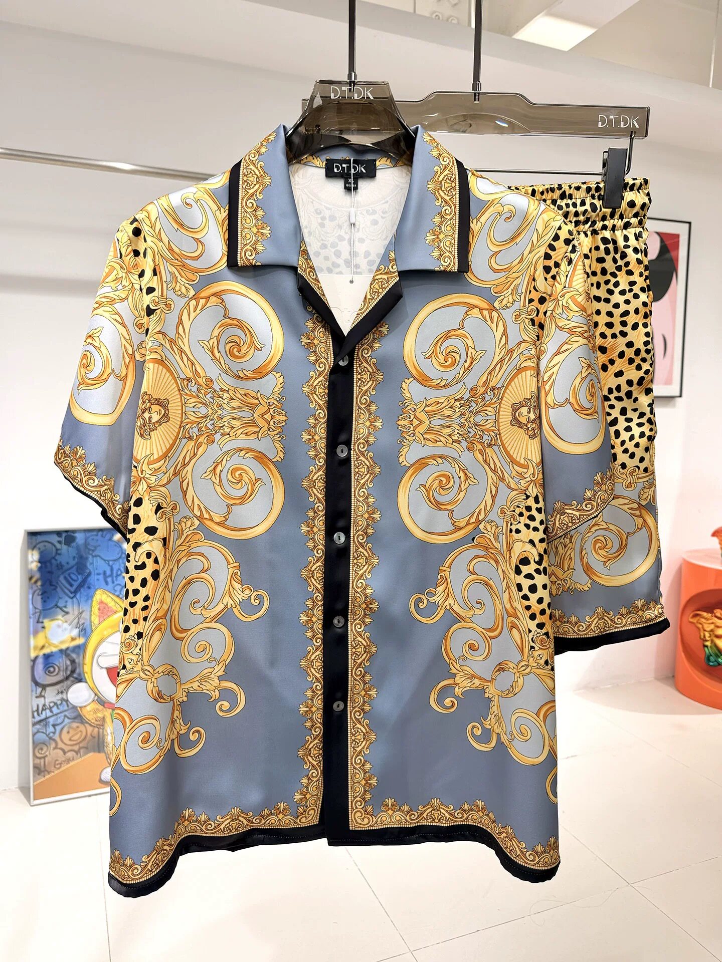 D.T.DK欧美风印花冰丝睡衣套装男士夏季短袖短裤可外穿家居服套装