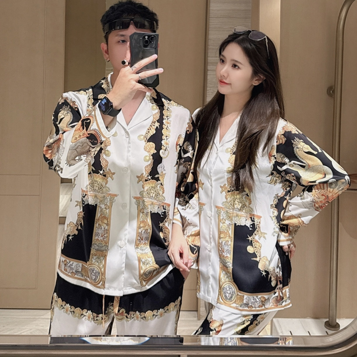 巴洛克情侣睡衣套装男女丝绸印花长袖长裤宽松家居服高级感可外穿