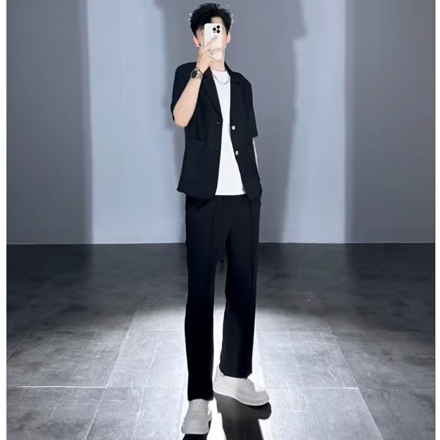 莱德的搭配 夏季新款冰丝短袖西服男潮流休闲痞帅五分袖西服外套