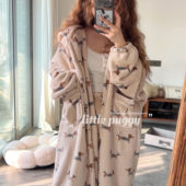 冬季 厚实保暖卡通可爱珊瑚绒睡袍连帽加厚女士宽松懒人家居服套装