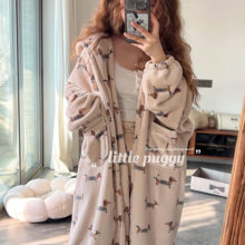 冬季厚实保暖卡通可爱珊瑚绒睡袍连帽加厚女士宽松懒人家居服套装