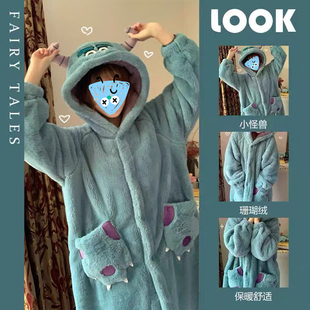 连帽宽松家居服保暖可外穿 睡袍套装 加厚长款 珊瑚绒睡衣女士秋冬季
