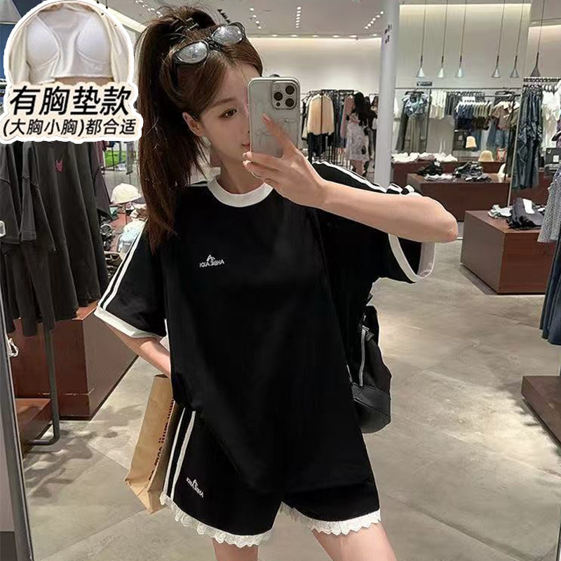 夏季女带胸垫短袖可外穿睡衣套装图片