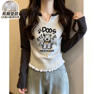 秋季长袖睡衣纯棉女带胸垫修身蕾丝上衣可爱卡通打底衫家居服外穿