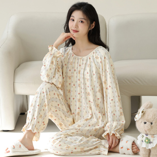 甜美女士国风家居服 睡衣女士2025春秋款 纯棉拉架套头长袖 长裤 套装