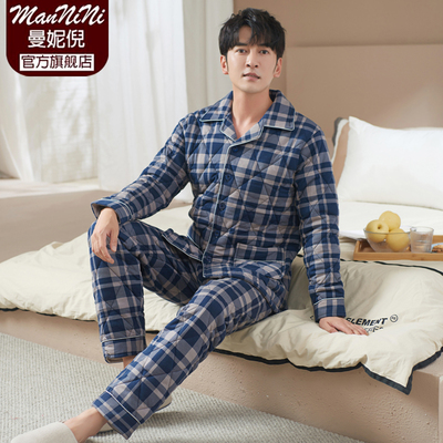 冬季睡衣纯棉夹棉三层加厚家居服男士全棉加肥大码冬款居家服套装