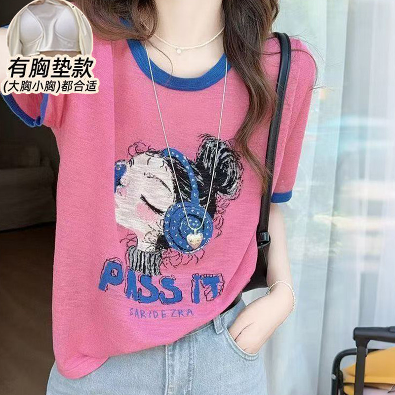 睡衣女夏季带胸垫纯棉卡通印花圆领短袖加大码薄款宽松上衣家居服