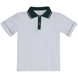 北京通州定制夏款中小学生棉校服短袖T恤上衣墨绿领一白杠POLO衫