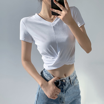 短袖甜辣韩版纯棉女洋气别致修身