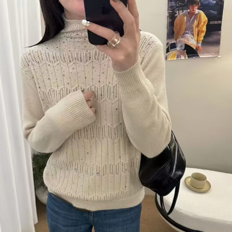 秋冬新款堆堆领羊毛衫镂空烫钻高领针织衫打底衫内搭设计感毛衣女