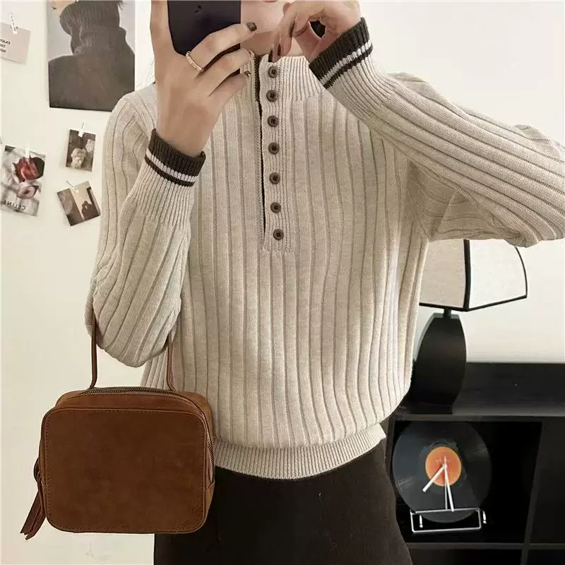 简约时尚温柔风穿搭2025年秋冬新款女装坑条毛衣半开扣门襟针织衫