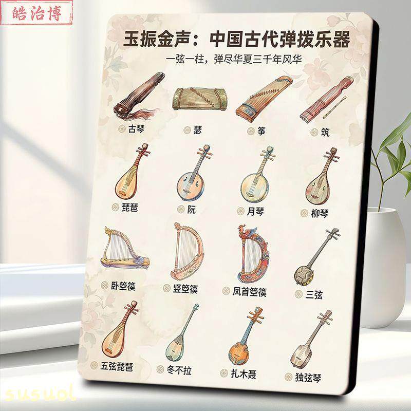 中国古代弹拨乐器相框传统文化图鉴装饰画古琴琵琶古筝等国风装饰