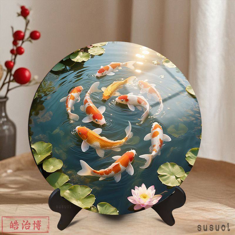 年年有余九鱼图圆形摆件办公桌书柜高山流水聚财摆台送父母长辈,家居饰品,相框/画框,淘宝优惠券,粉丝福利购,淘宝优惠卷
